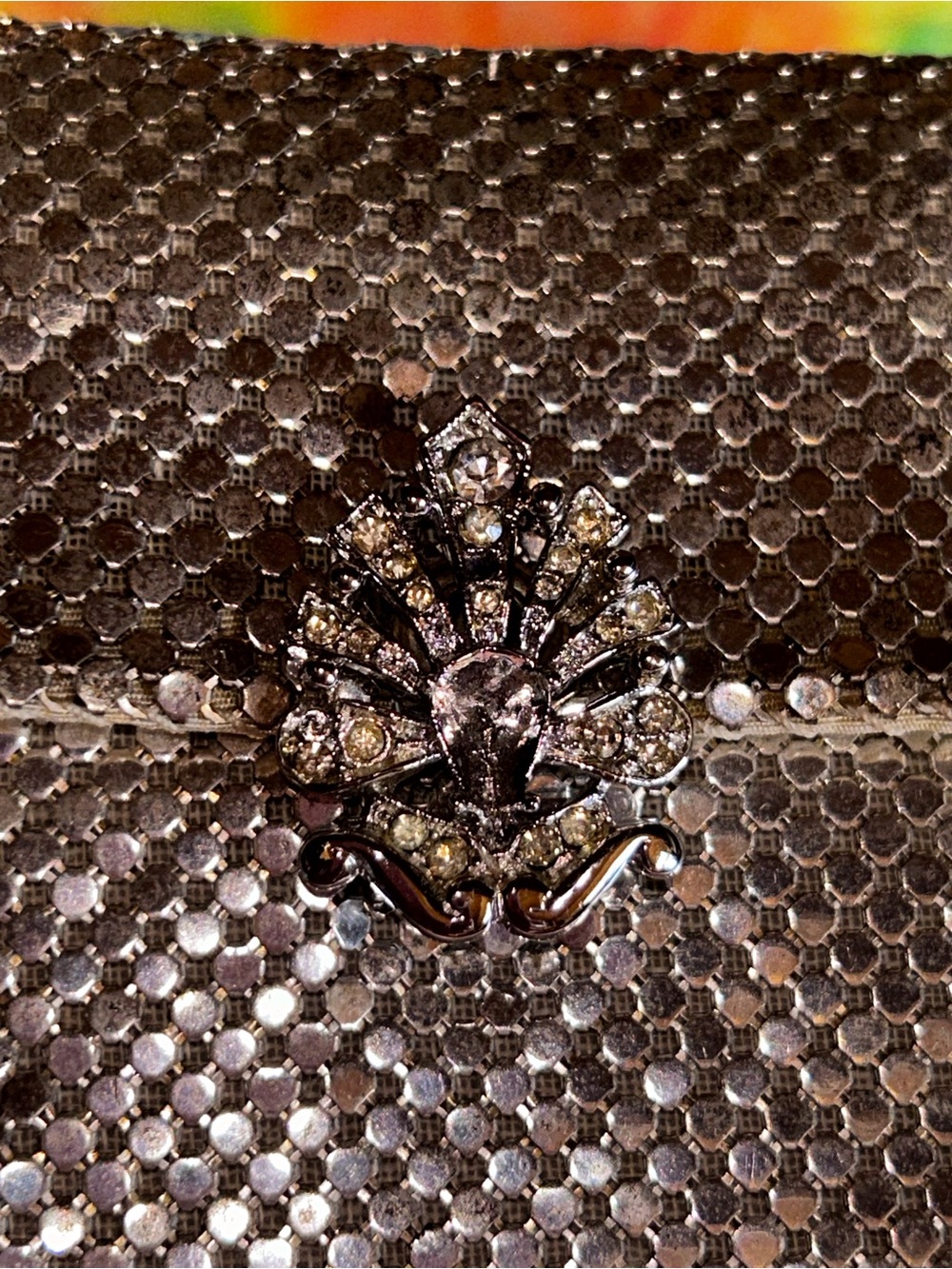 Whiting & Davis Silver Mesh Clutch with Crystal Peacock Accent